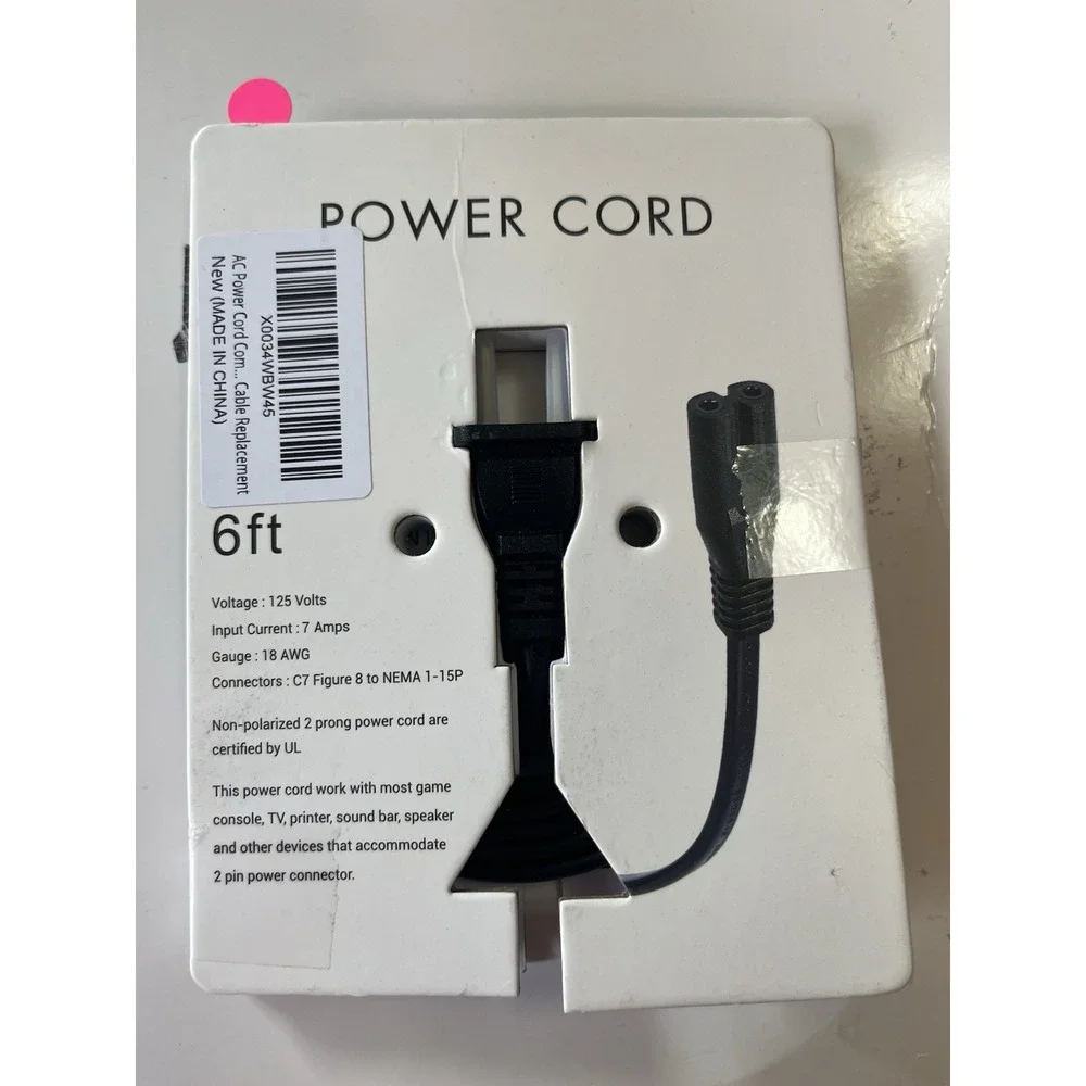 6ft 2-Prong AC Figure-8 Replacement‎ cord Cable